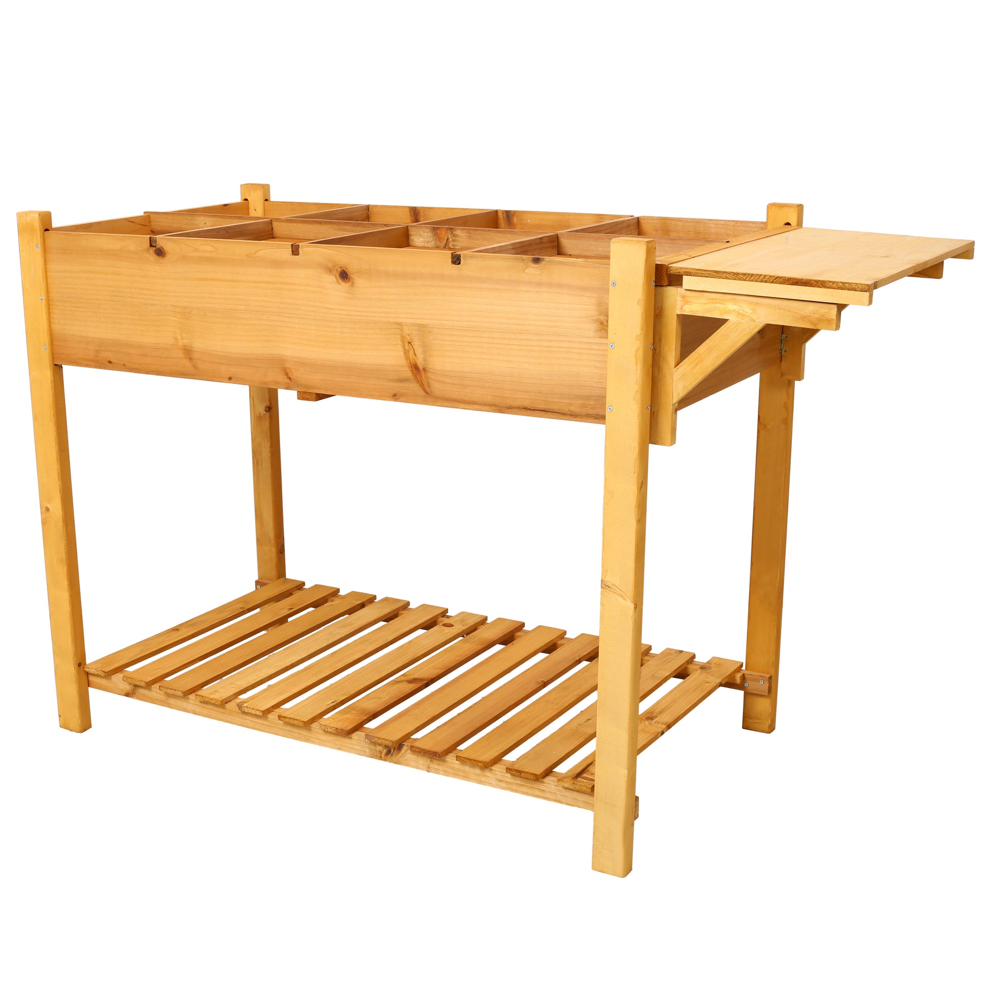 Wooden potting bench with multicompartment planter and shelf