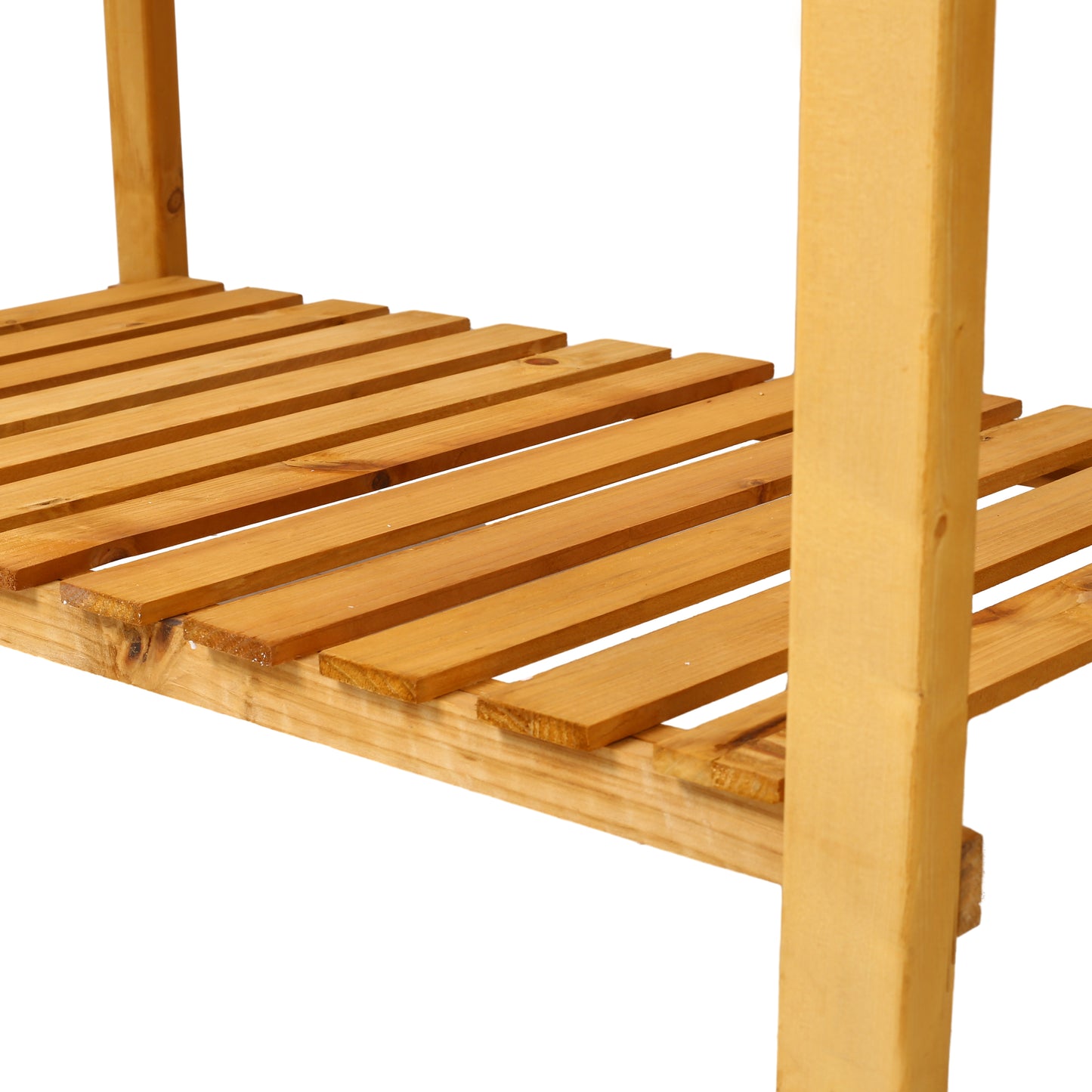 Closeup of natural wood tiered shelf ideal for plants