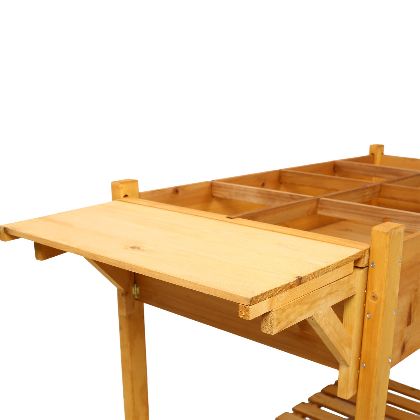 Wooden potting bench with pullout work surface and multiple compartments