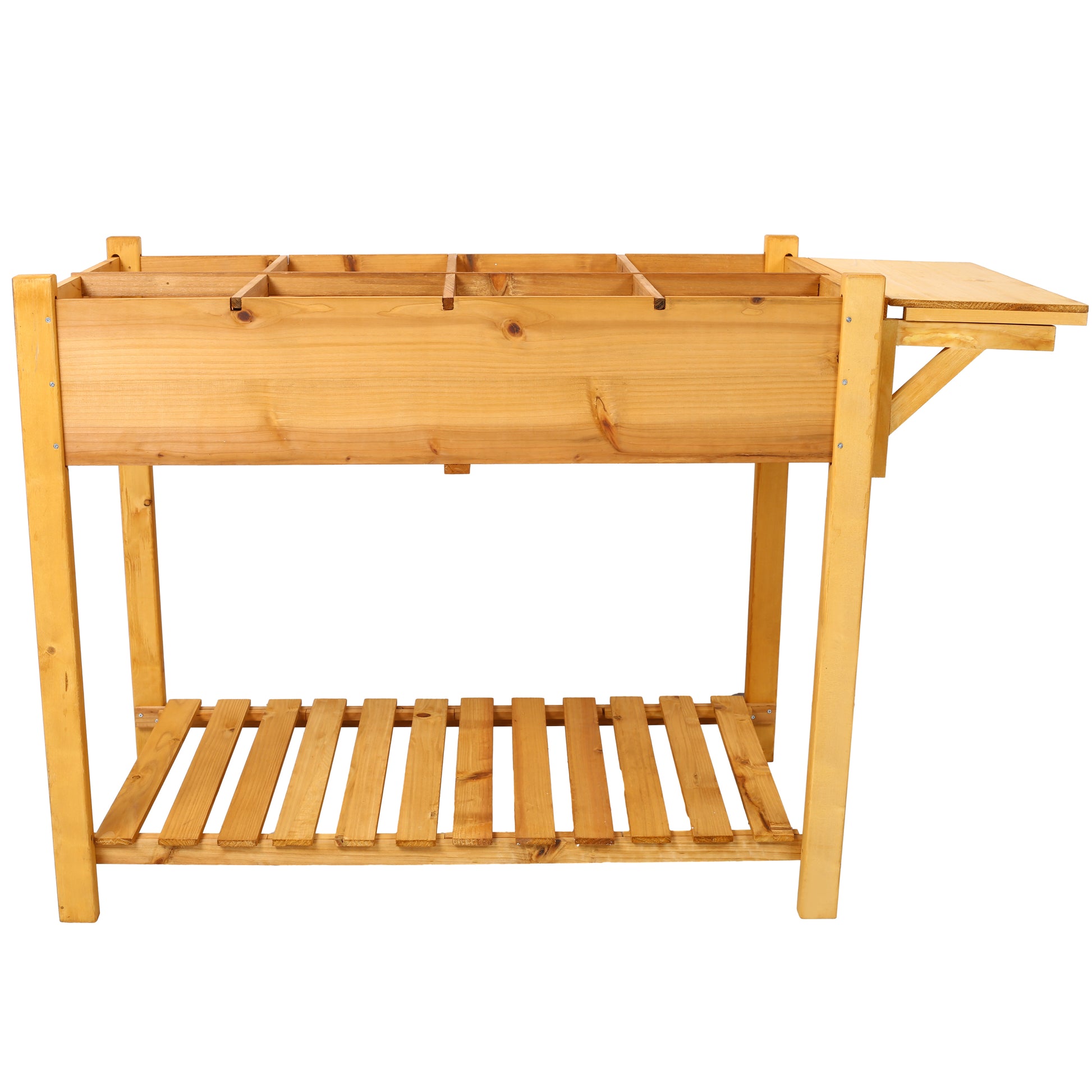 Wooden potting bench with multiple compartments and lower slatted shelf for gardening supplies