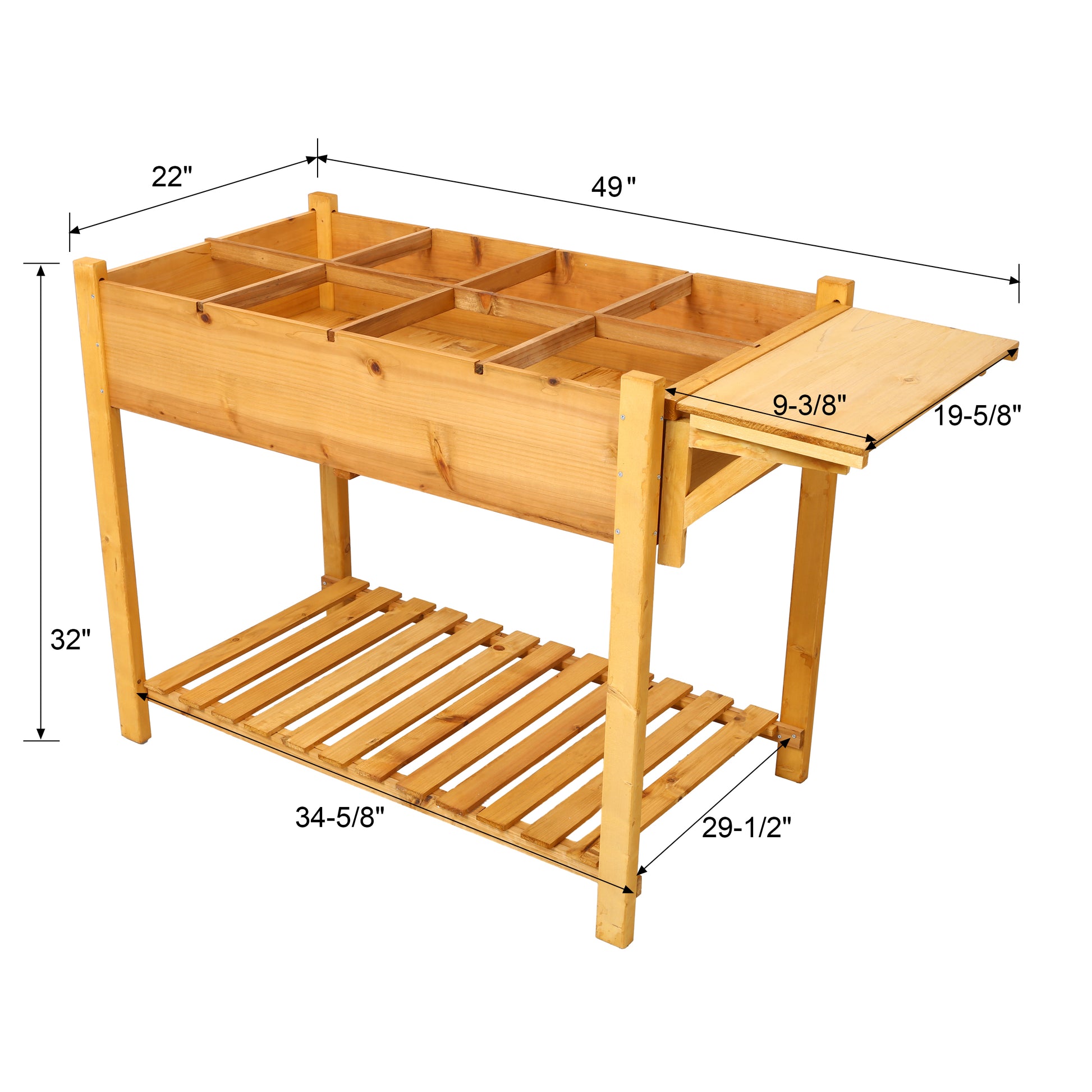 Wooden raised garden bed with multiple planting compartments and an extendable side table