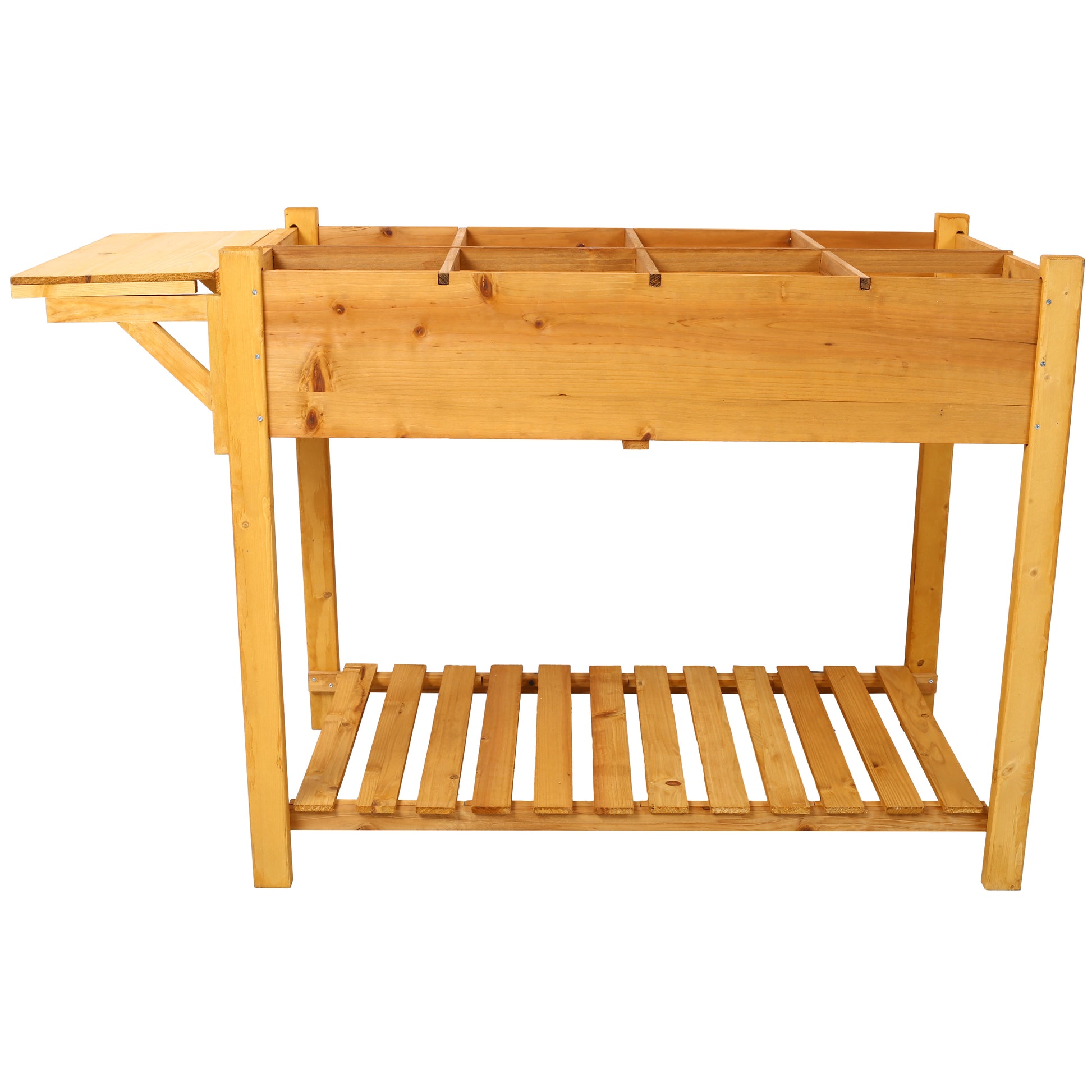 Wooden potting bench with multicompartment planter box and slatted lower shelf