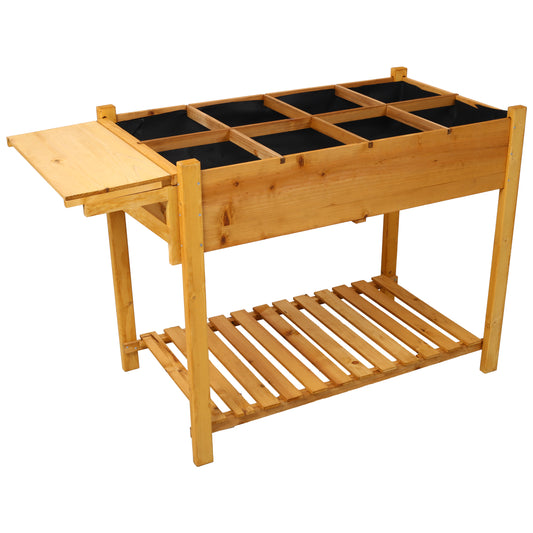 Wooden raised garden bed with multiple compartments and foldout side table for planting