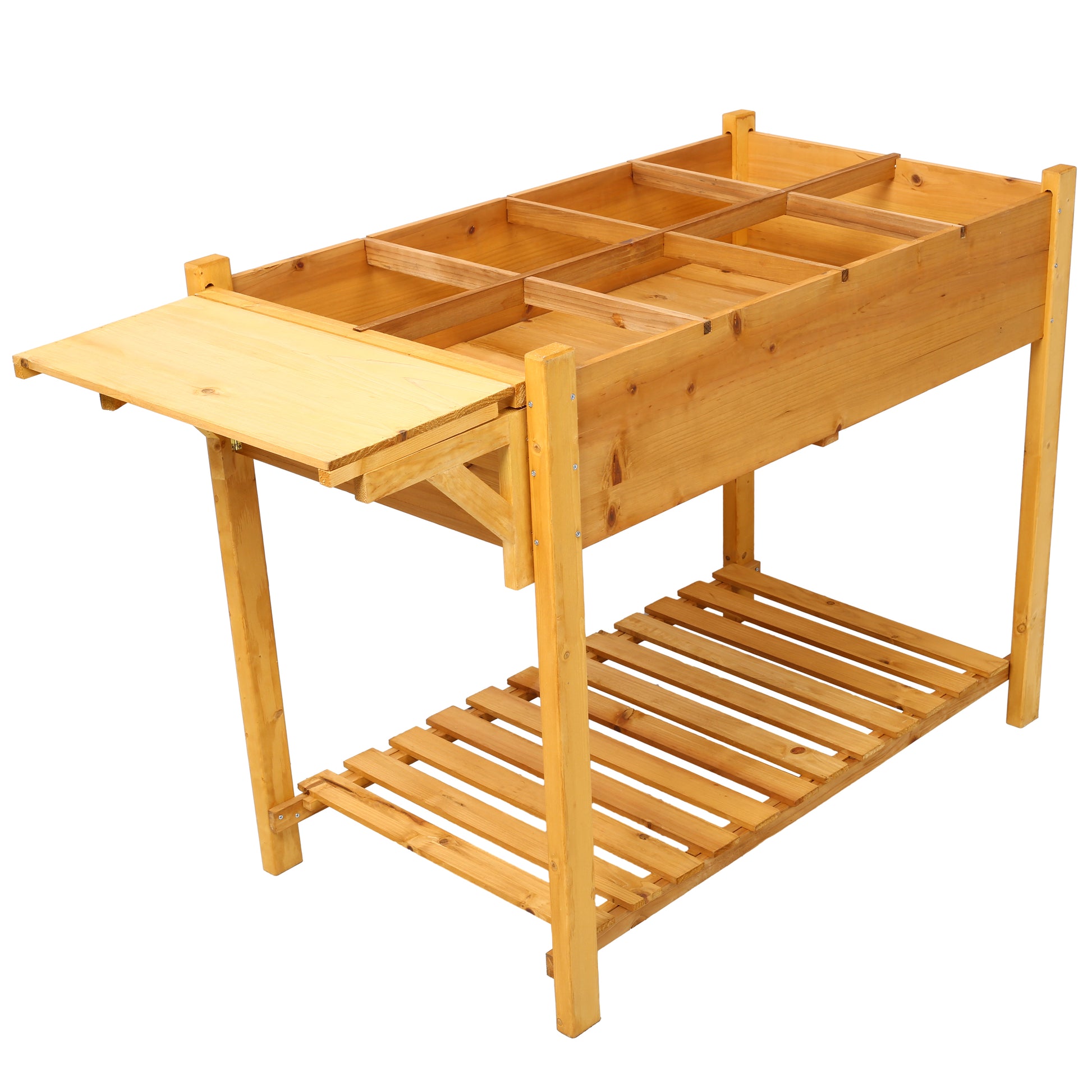 Wooden potting bench with multiple compartments and a pullout work surface for gardening tasks