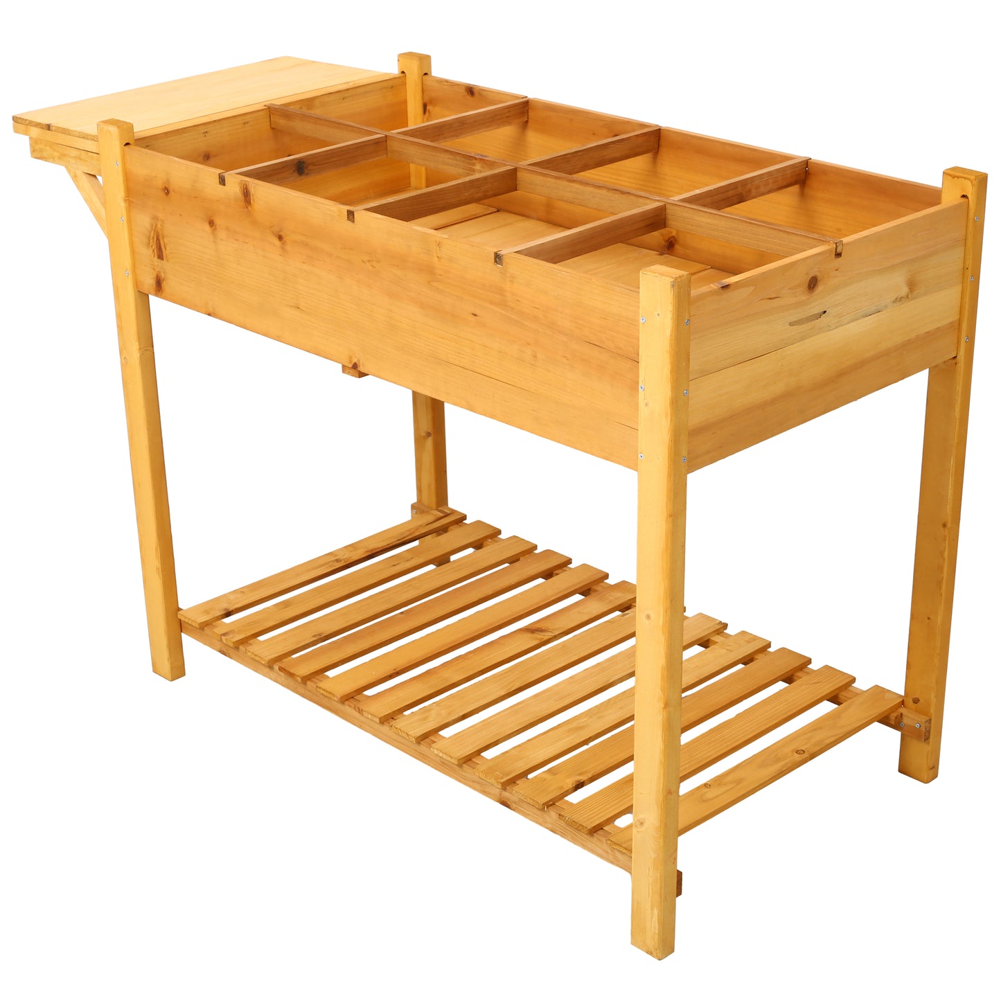 Wooden potting bench with divided compartments and a slatted lower shelf