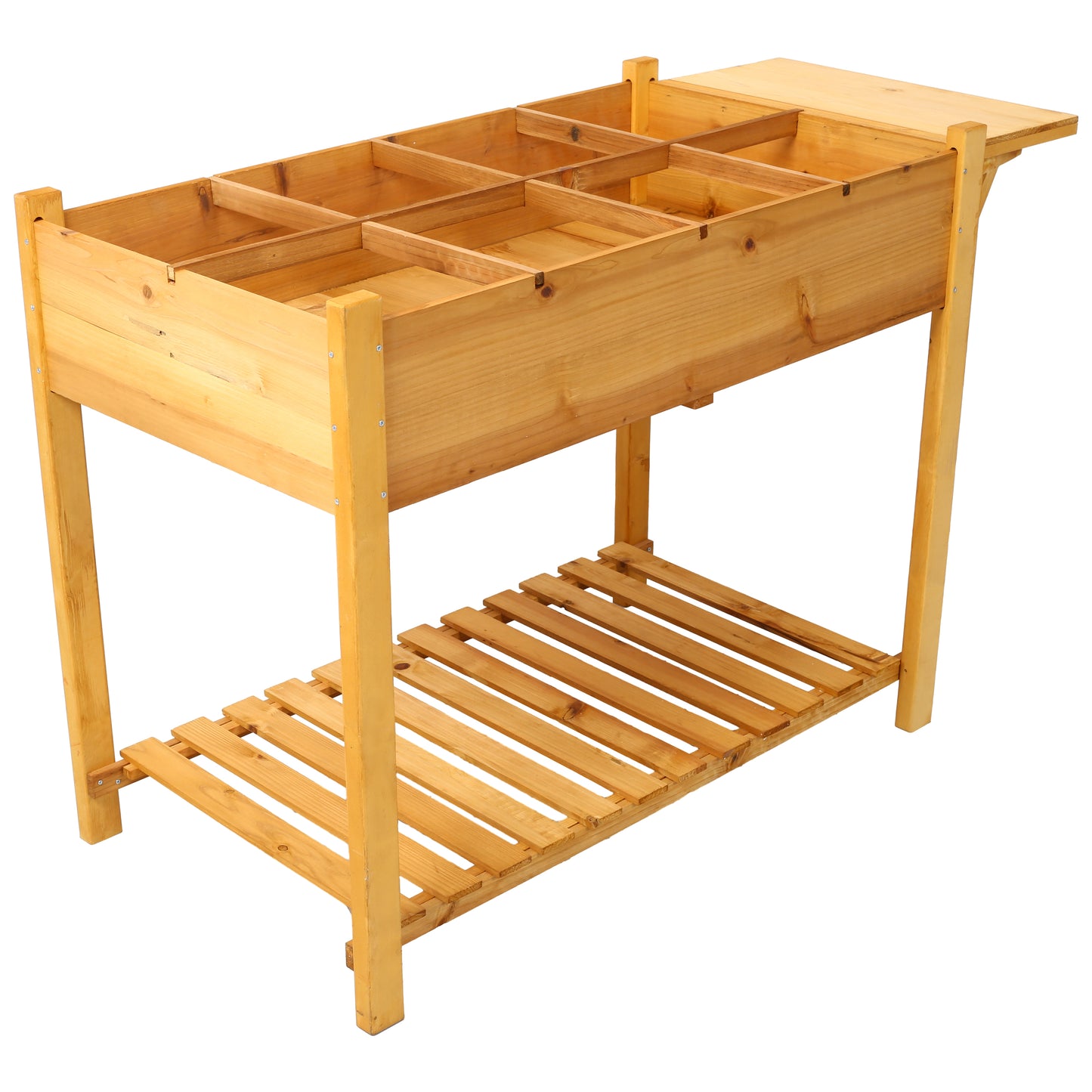 Wooden potting bench with divided compartments and lower slatted shelf ideal for gardening tasks