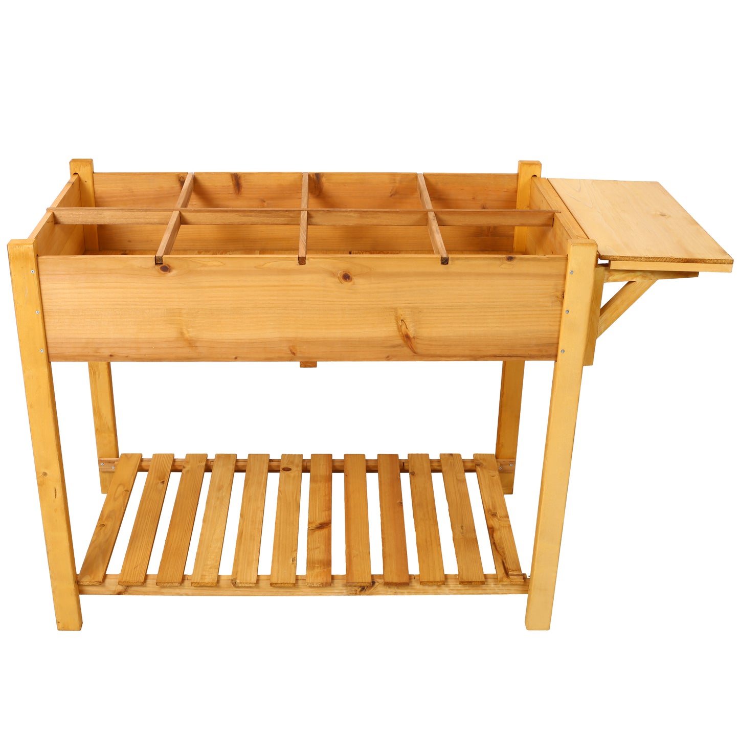 Wooden raised garden bed with divided compartments and storage shelf