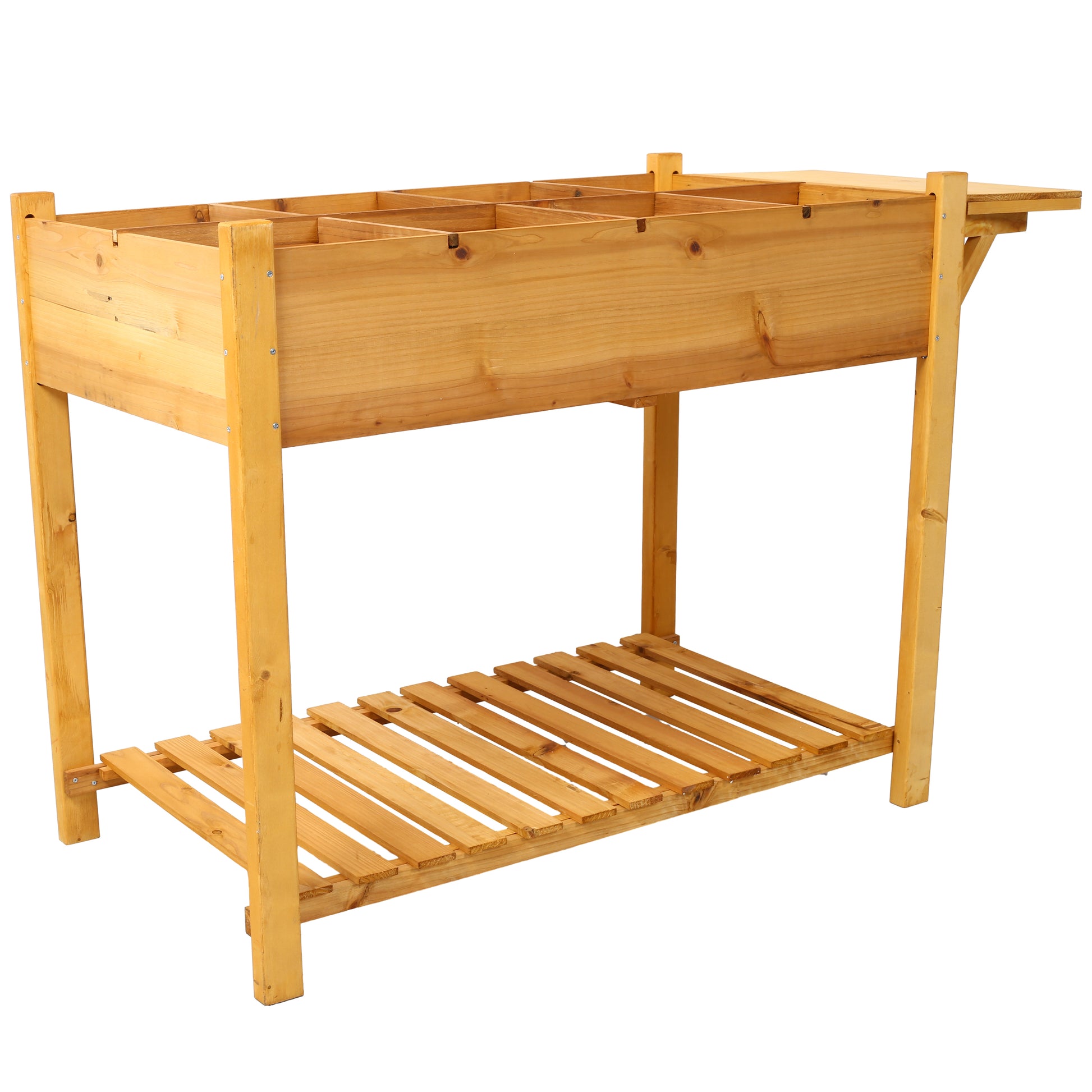 Wooden tiered planter box with slatted bottom shelf for garden use