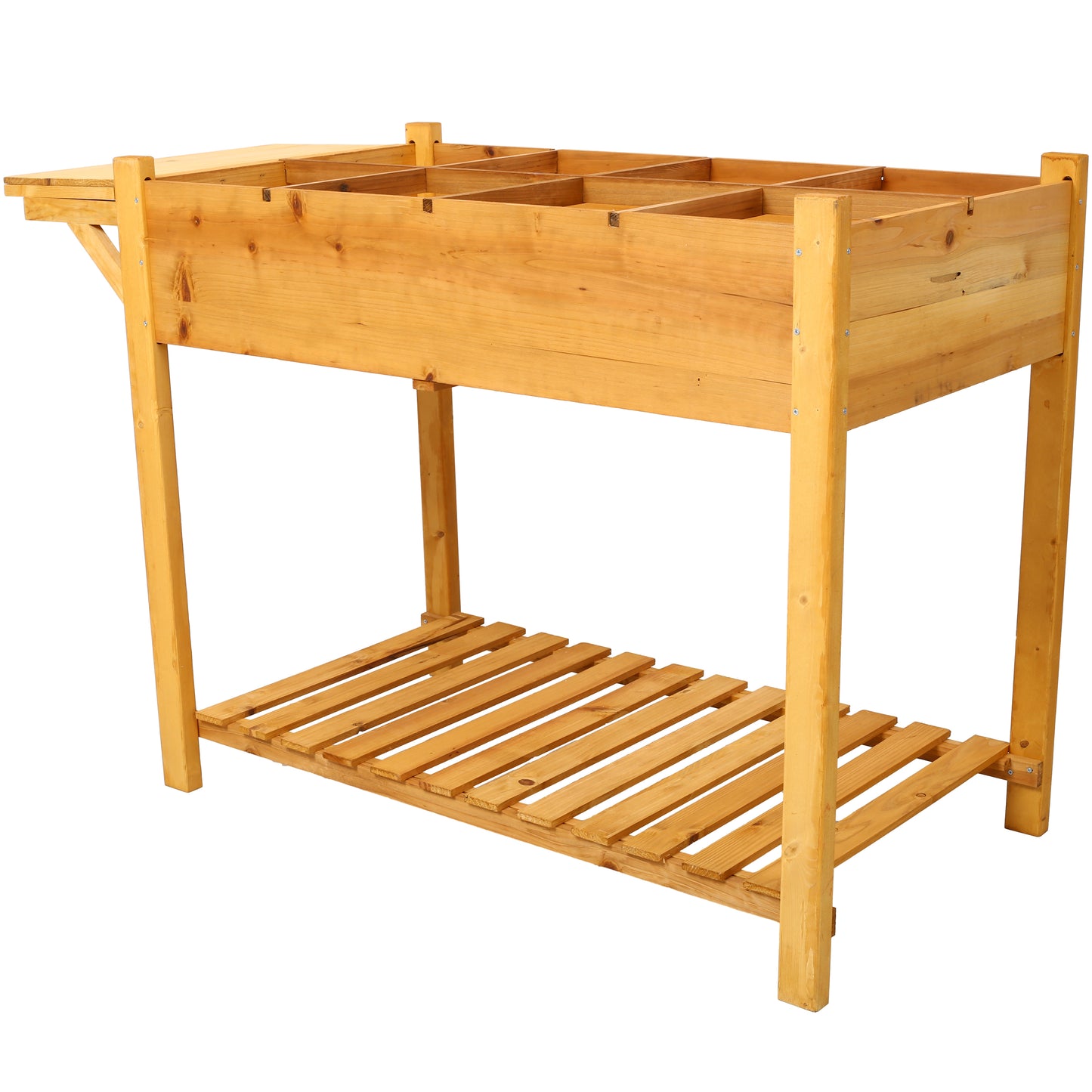 Wooden potting bench with divided compartments and lower shelf for gardening