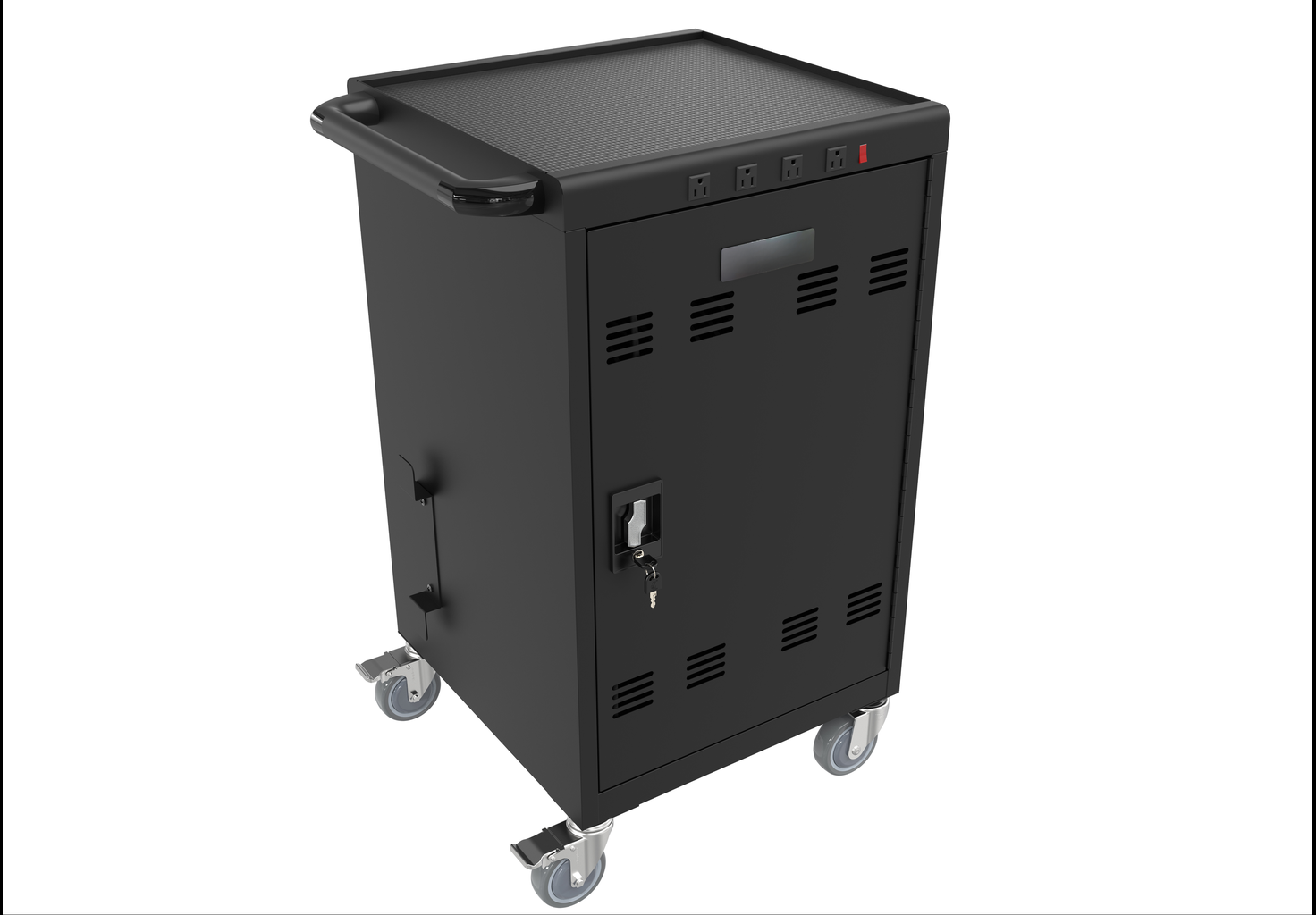 Black metal charging cart with wheels a lockable door and top power outlets