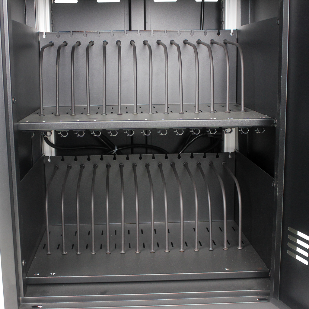 Gray metal charging cart with two tiers of device slots for organizational charging