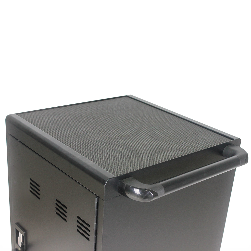 Dark grey metal cart with textured top and handle