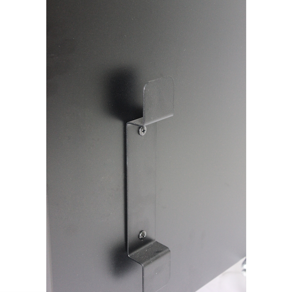 Black metal bracket with screws ideal for wall mounting entertainment consoles