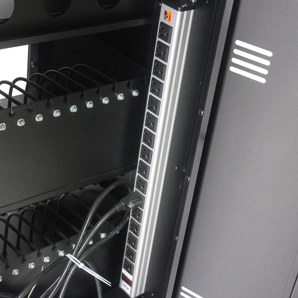 Black outlet vertical rackmount power strip with surge protection for data centers