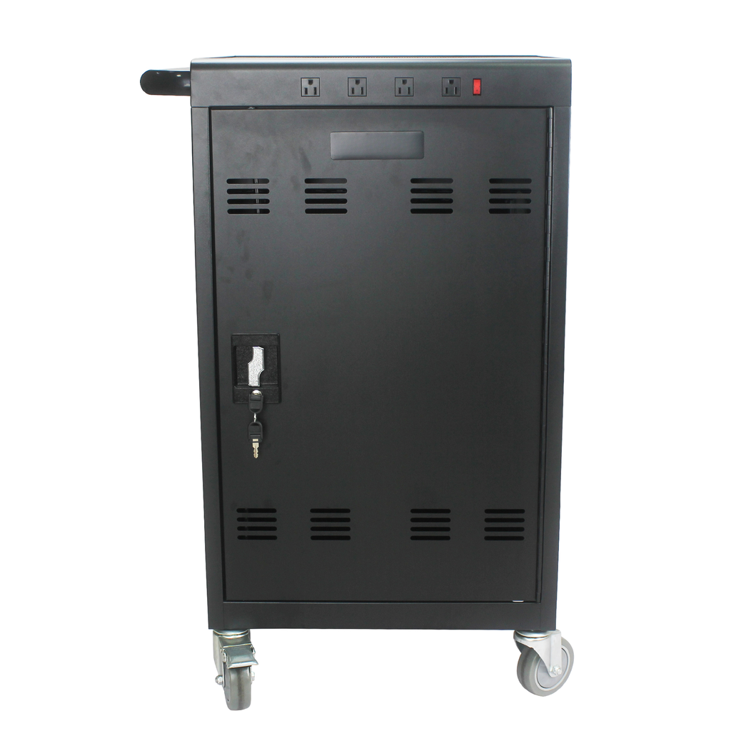 Black charging cart with secure lockable door and multiple outlets on top