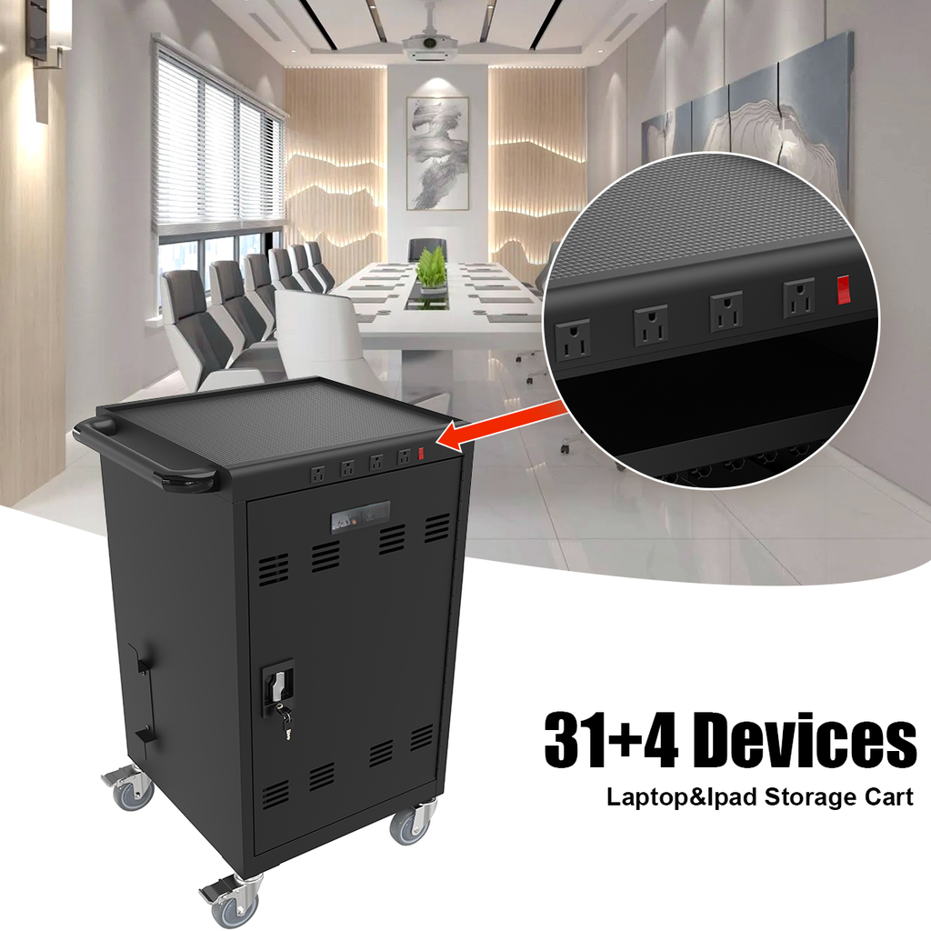 Black charging cart for laptops and iPads with multiple power outlets and secure locking door