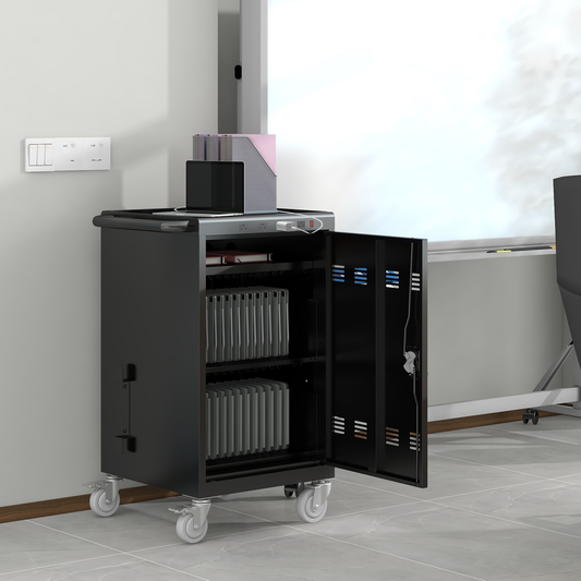 Black mobile charging cart with doors open storing multiple devices