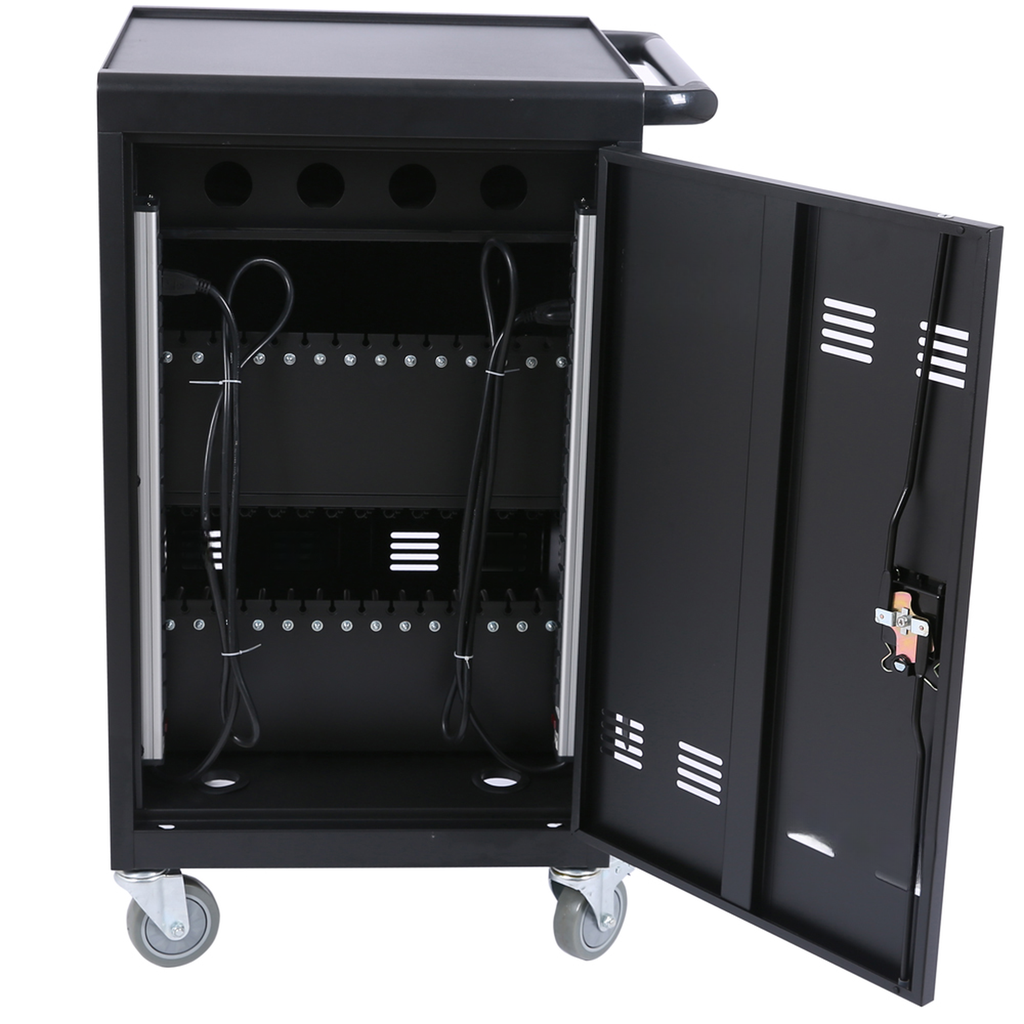 Black metal cart with multiple charging bays and cables ideal for device storage