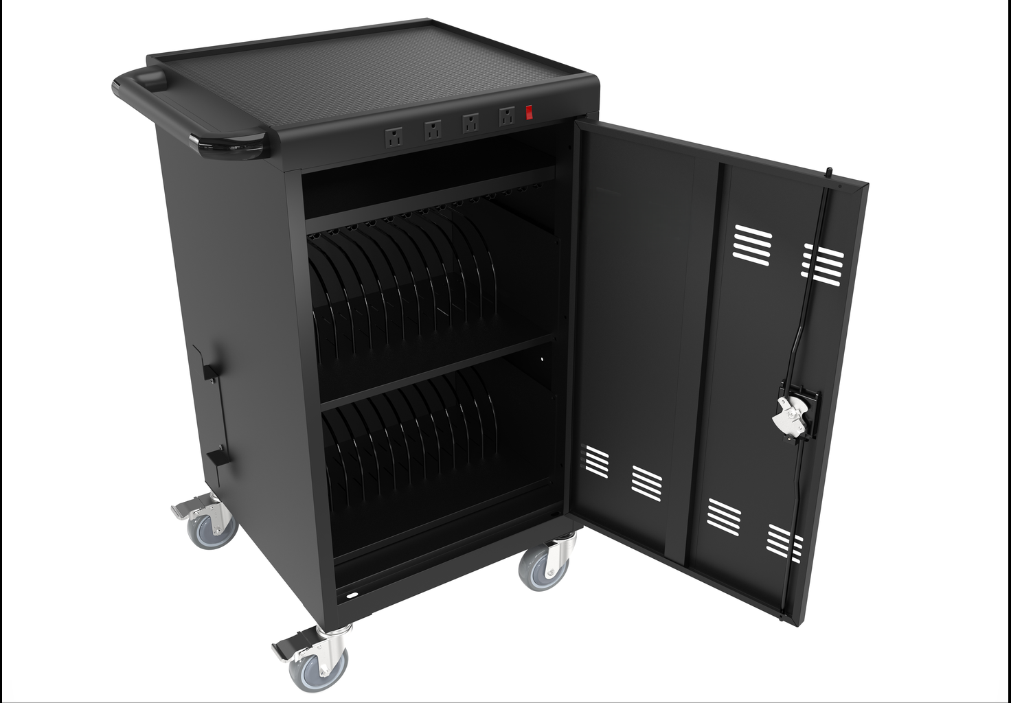 Black charging cart with two shelves and open door ideal for classrooms