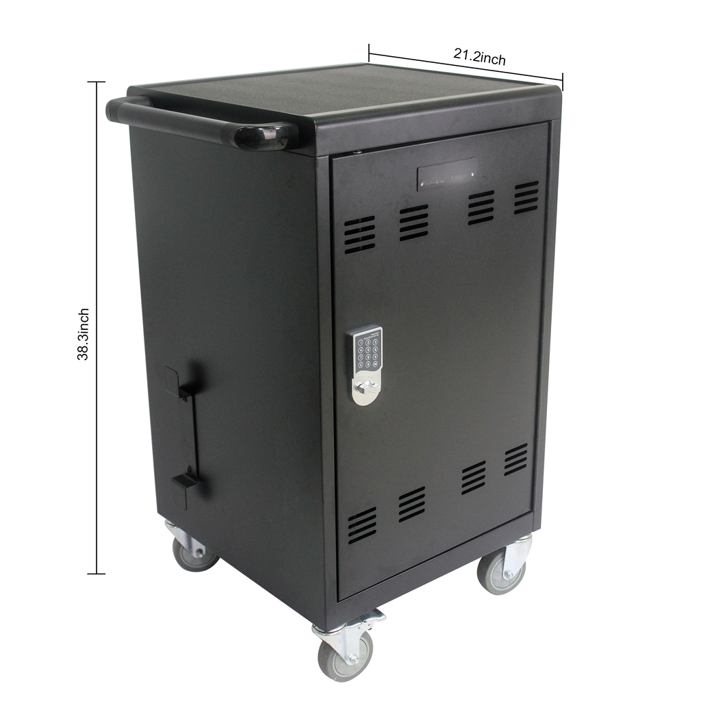 Black rolling cart with digital lock and handle for device charging station