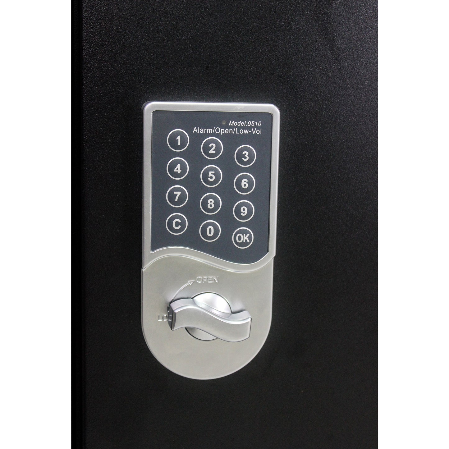 Digital keypad on black safe with lock and open indicator