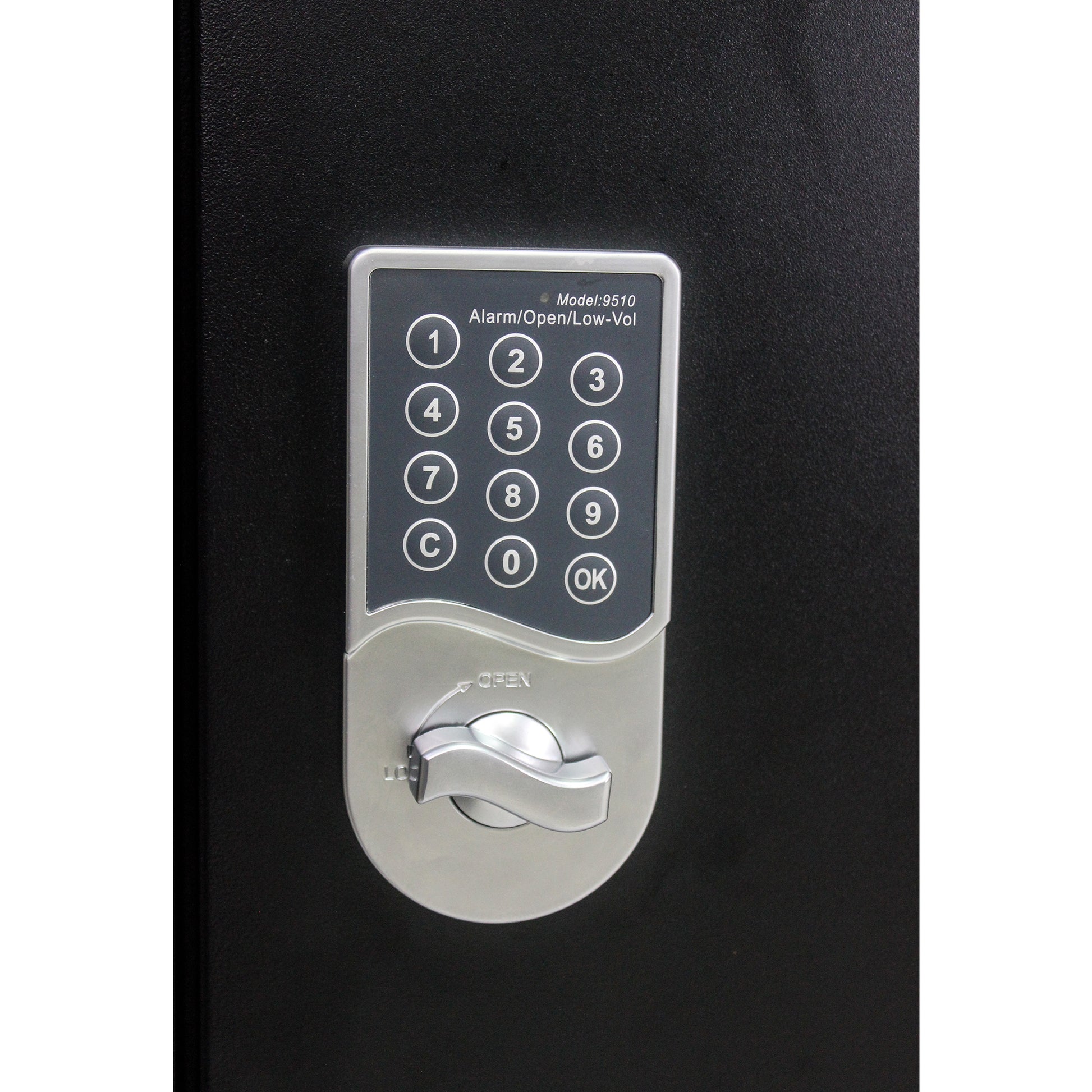 Digital keypad on black safe with lock and open indicator