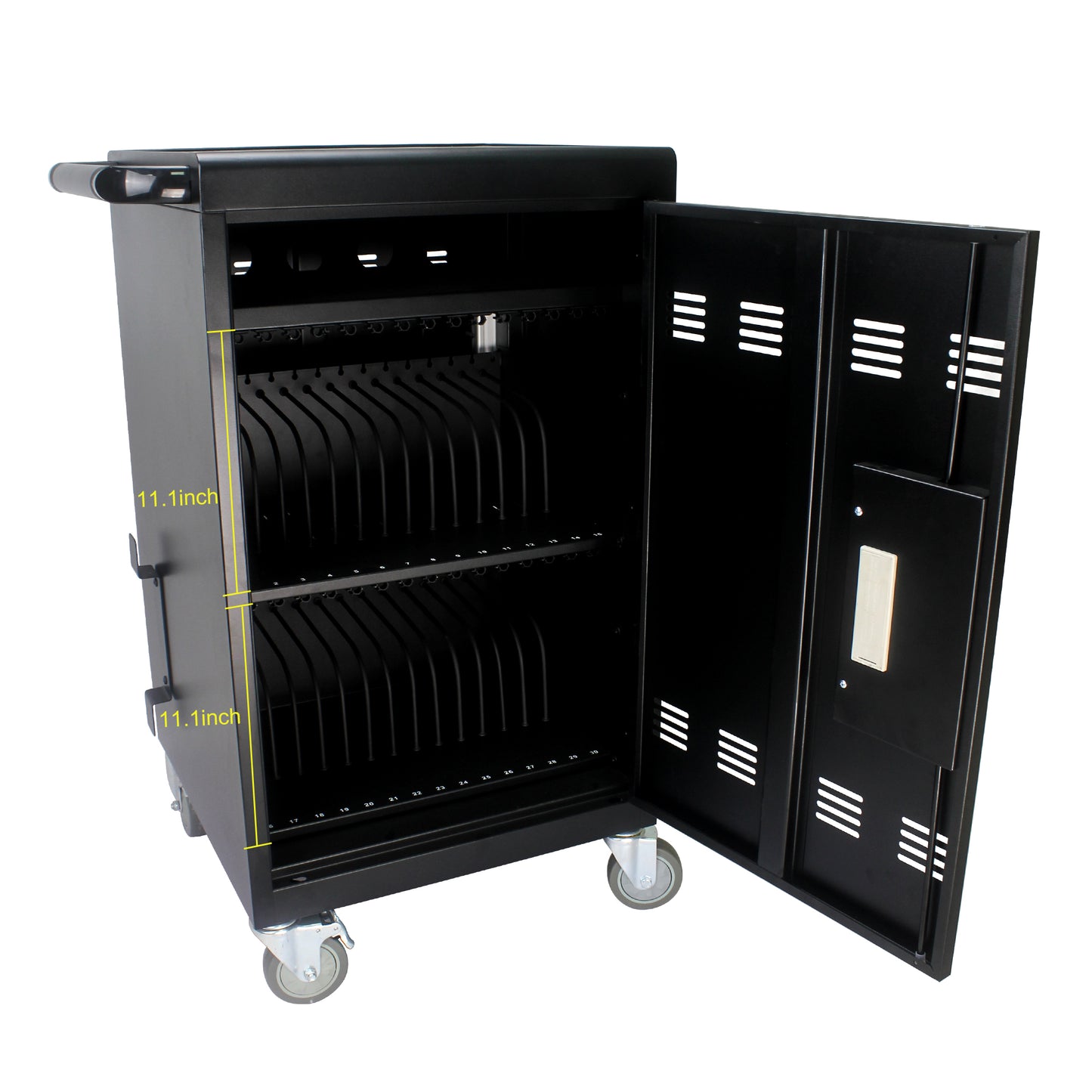 Black metal charging cart with  slots for tablets or laptops