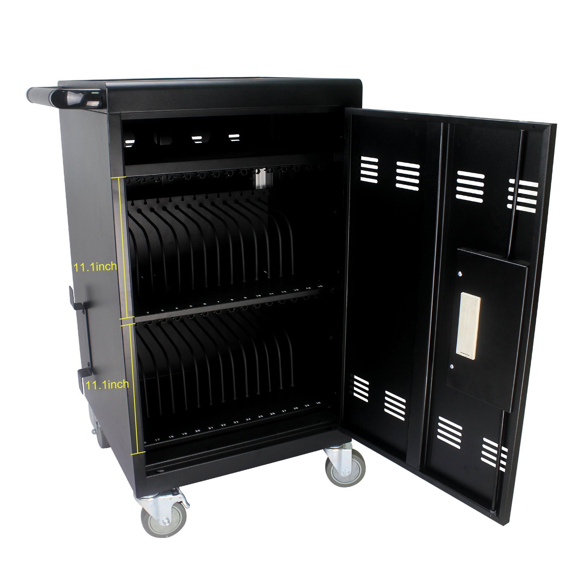 Black metal charging cart with  slots for tablets or laptops