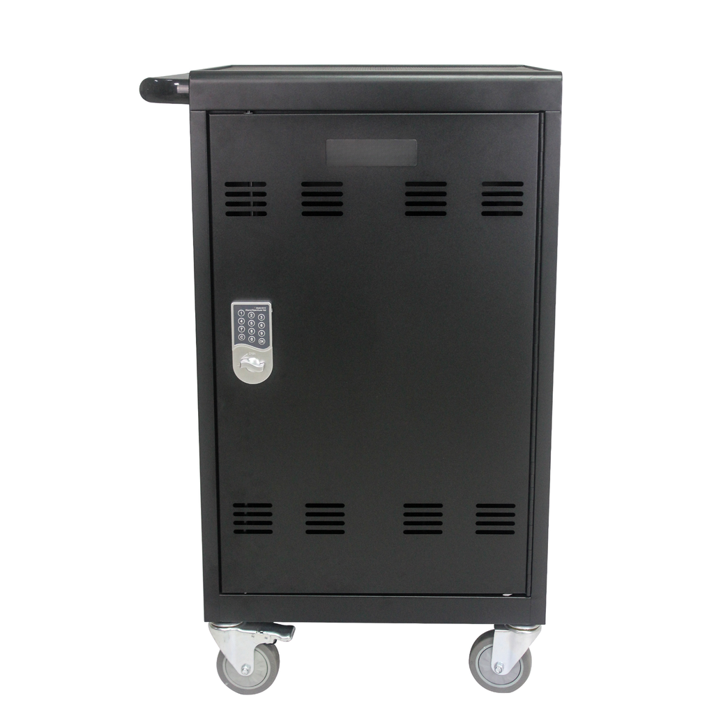 Black metal charging cart with digital lock and wheels for secure device storage