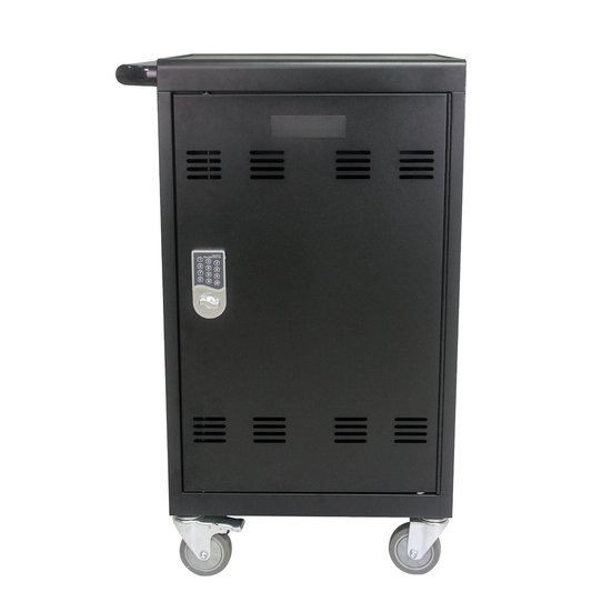Black metal charging cart with digital lock and wheels for secure device storage