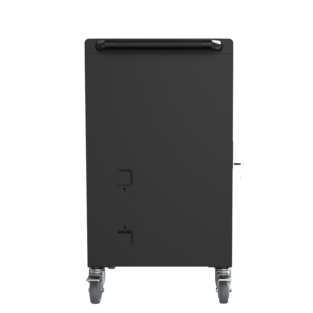 Black mobile tool chest with silver casters and a top handle for easy transport