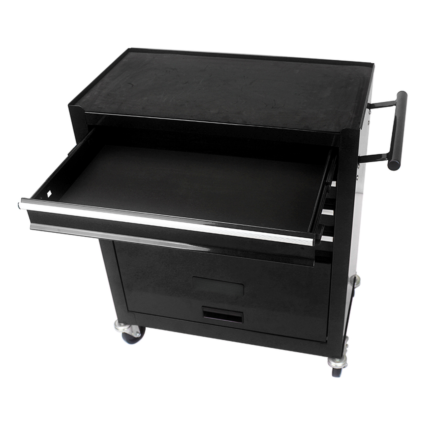 Black metal rolling tool chest with one open drawer and a side handle