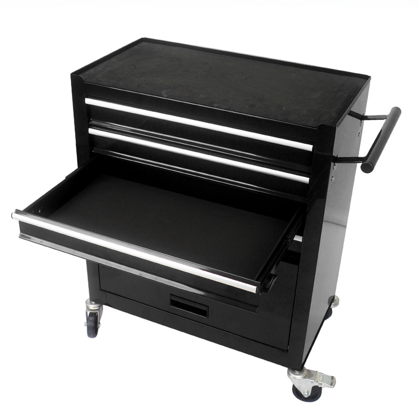 Black metal rolling tool chest with one open drawer and silver handle