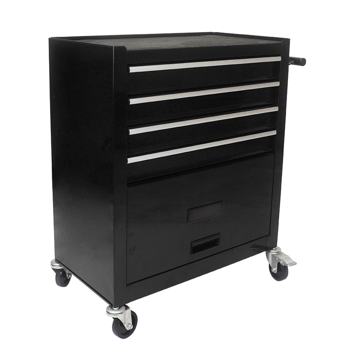 Black rolling tool chest with five drawers and a side handle for workshop organization