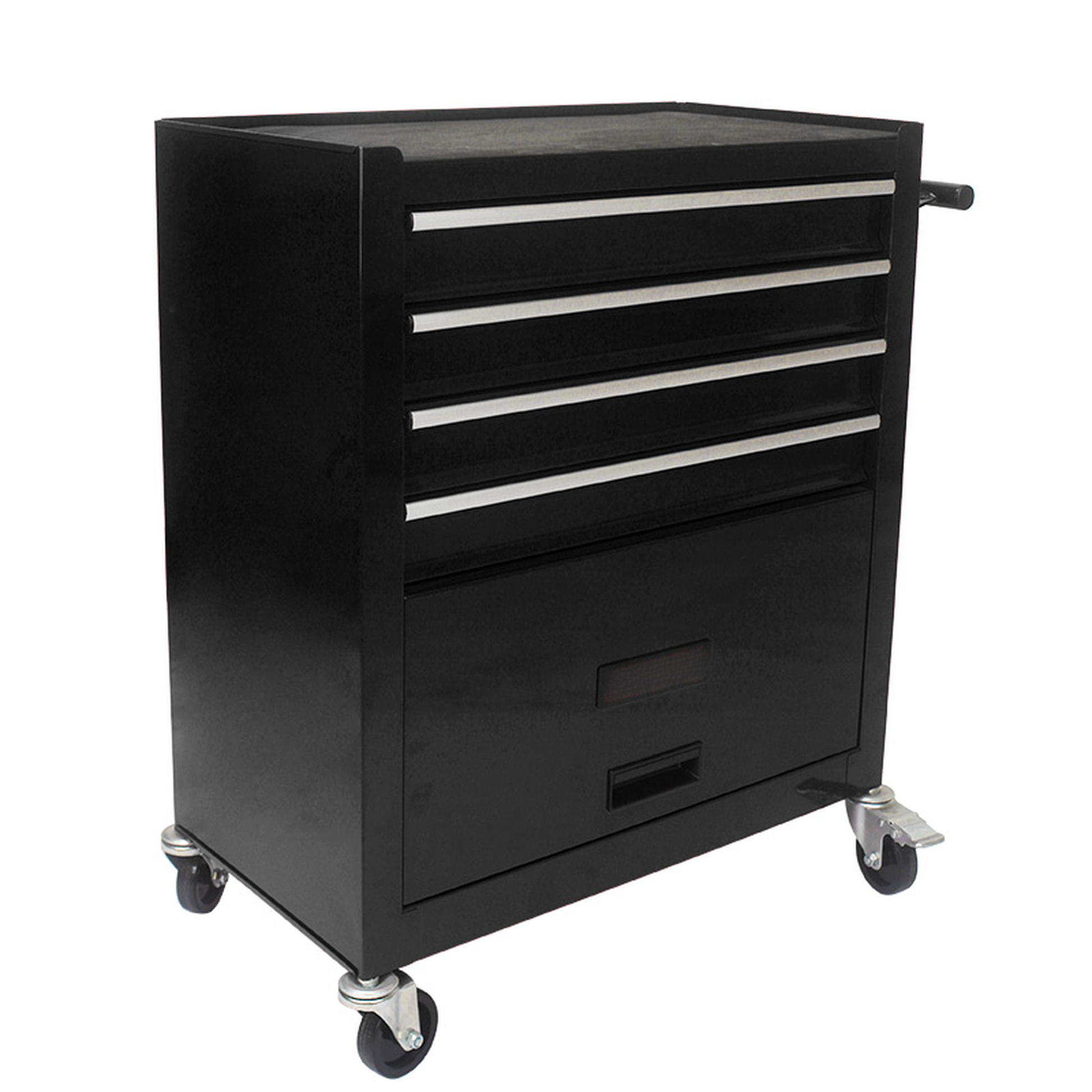 Black rolling tool chest with five drawers and a side handle for workshop organization