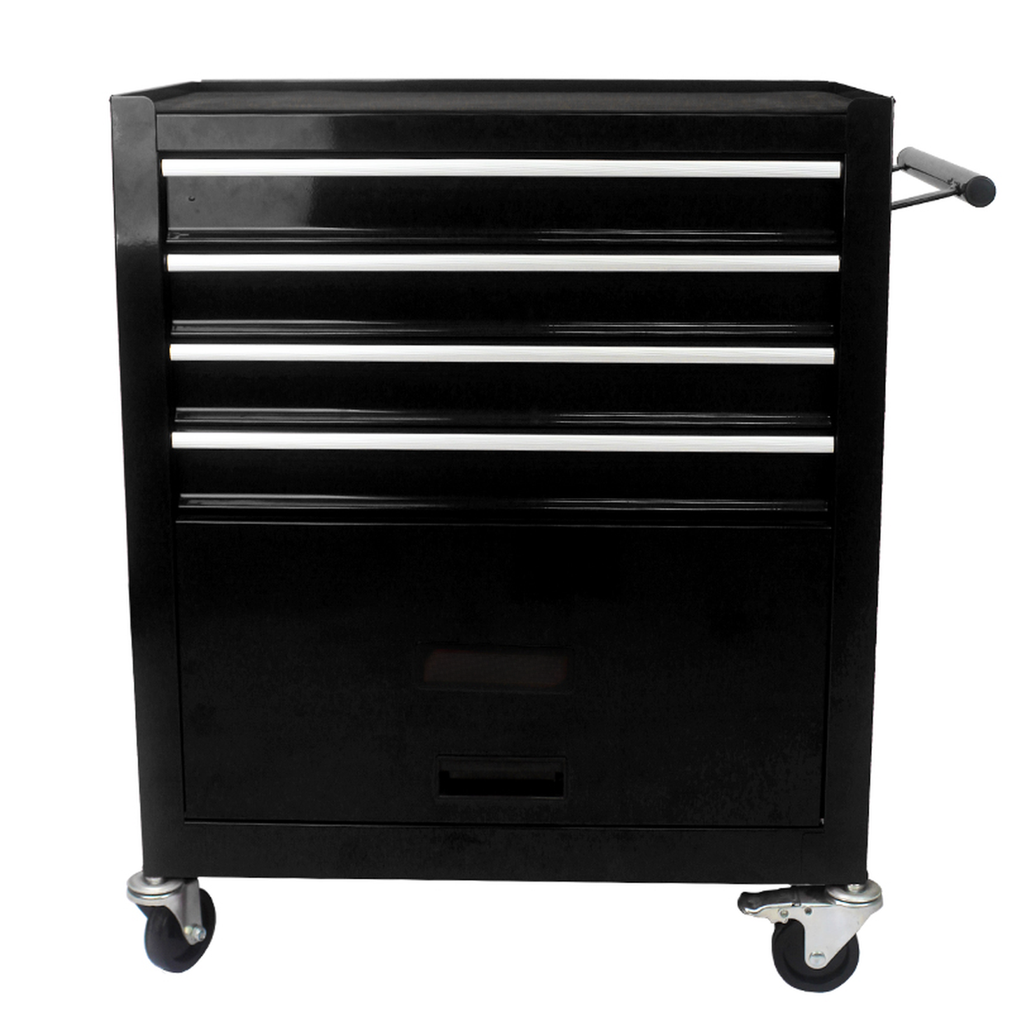 Black drawer rolling tool chest with silver drawer pulls and side handle for garage organization