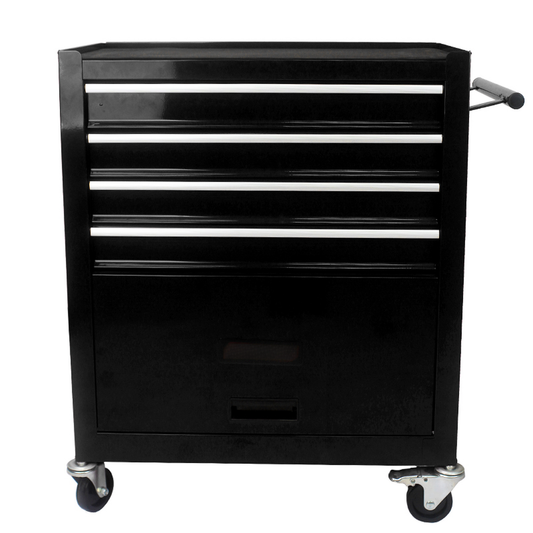 Black drawer rolling tool chest with silver drawer pulls and side handle for garage organization