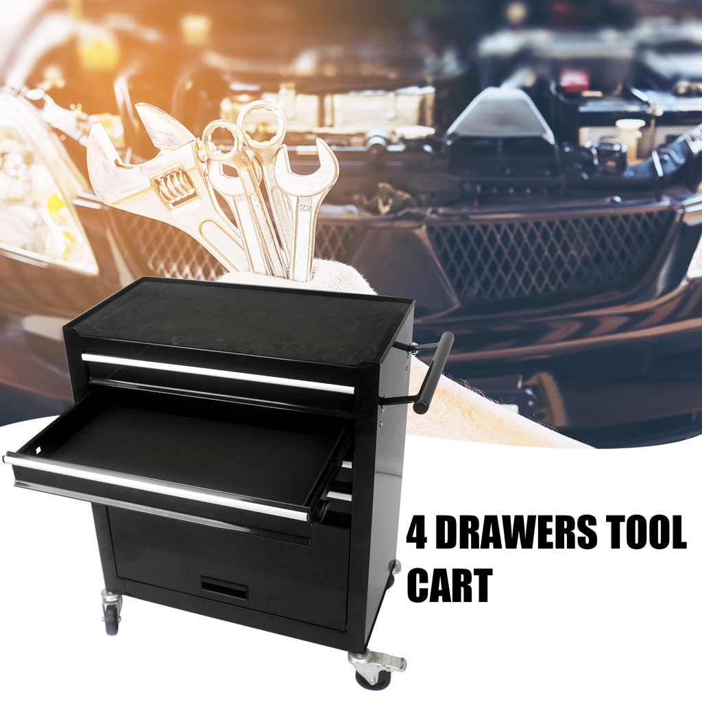 Black  drawers tool cart with open top drawer holding wrenches for mechanic use