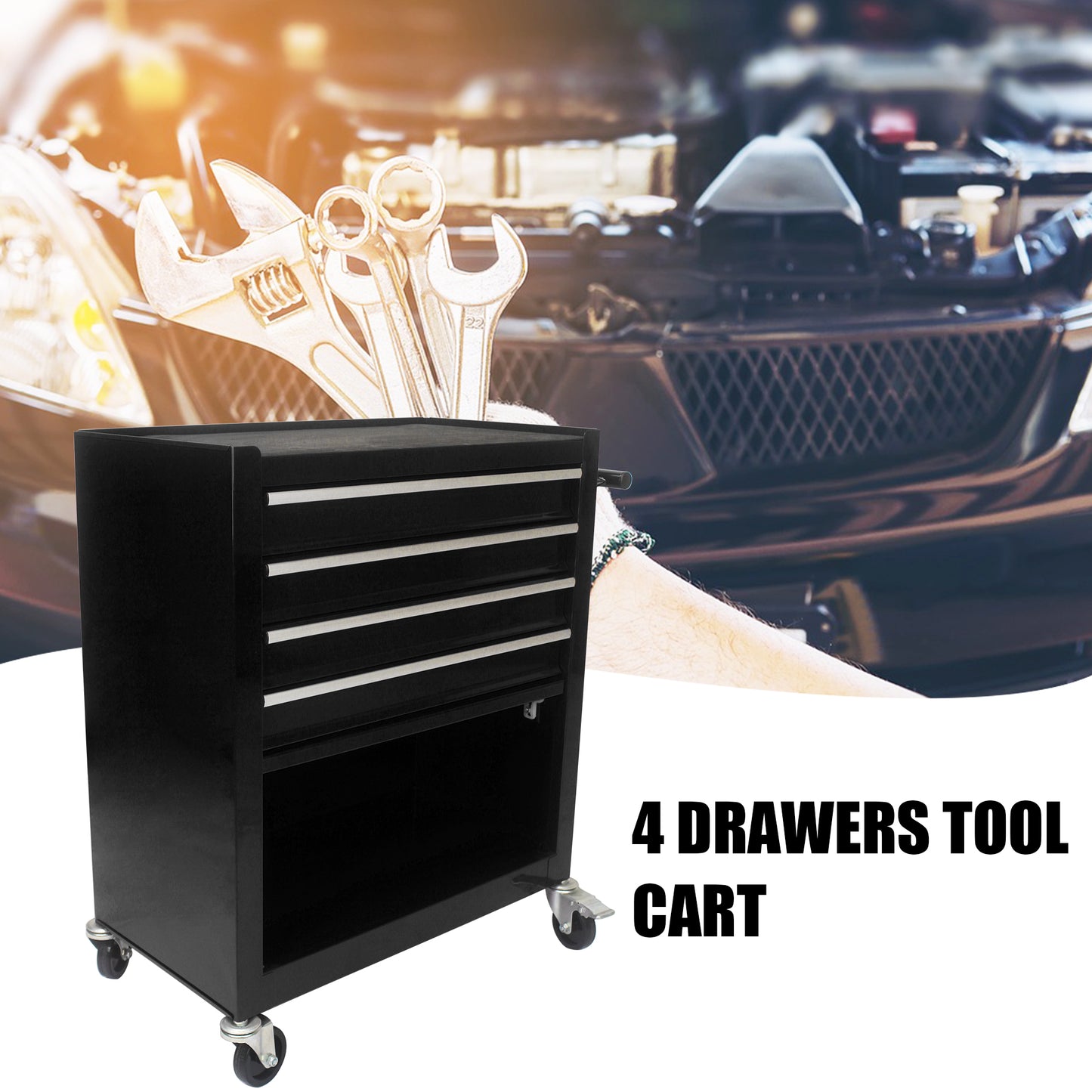 Black  drawers tool cart with caster wheels ideal for garage organization