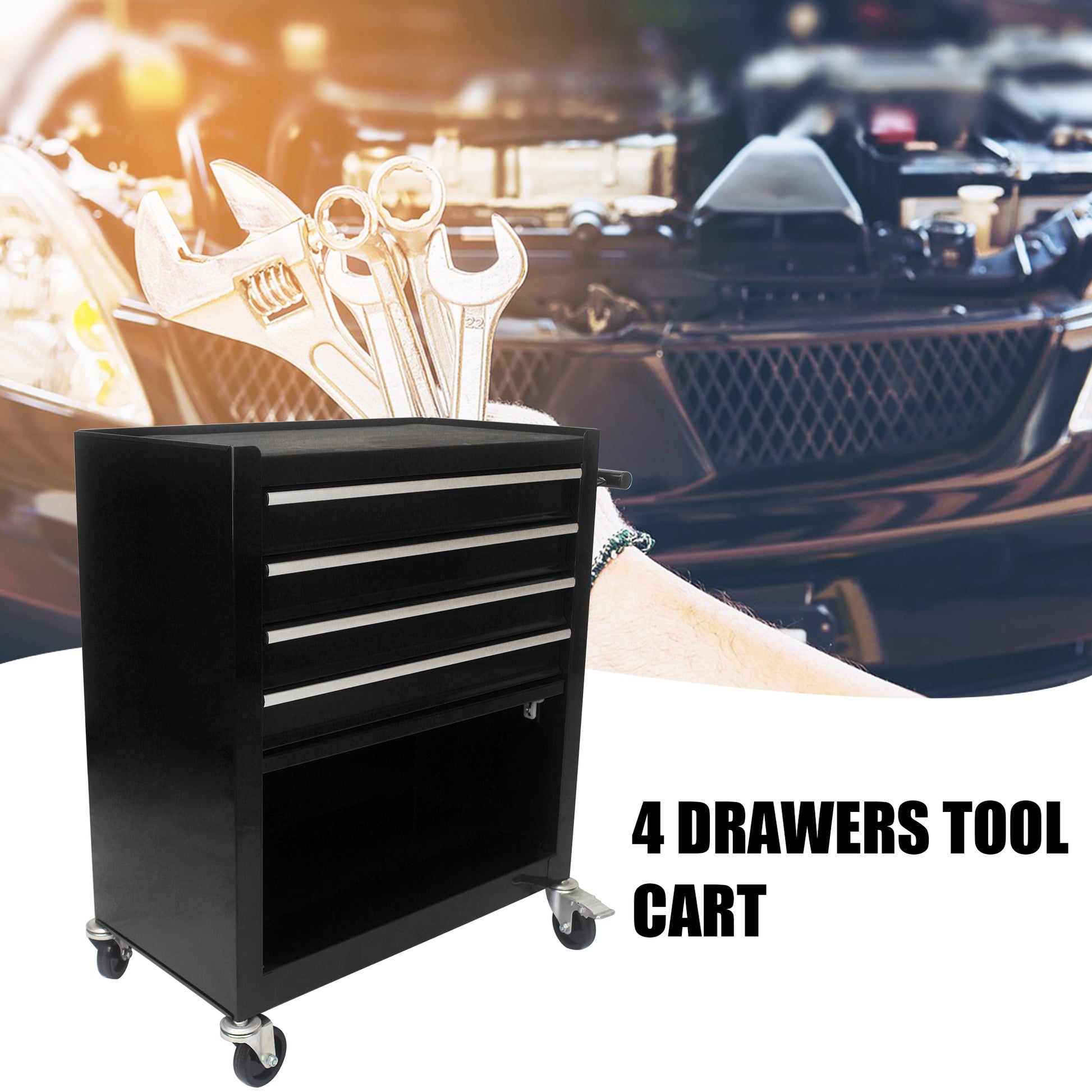 Black  drawers tool cart with caster wheels ideal for garage organization