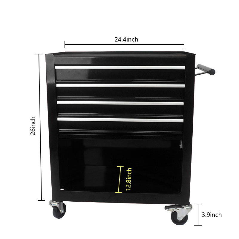 Black drawer rolling tool chest with silver accents  inches wide for workshop organization