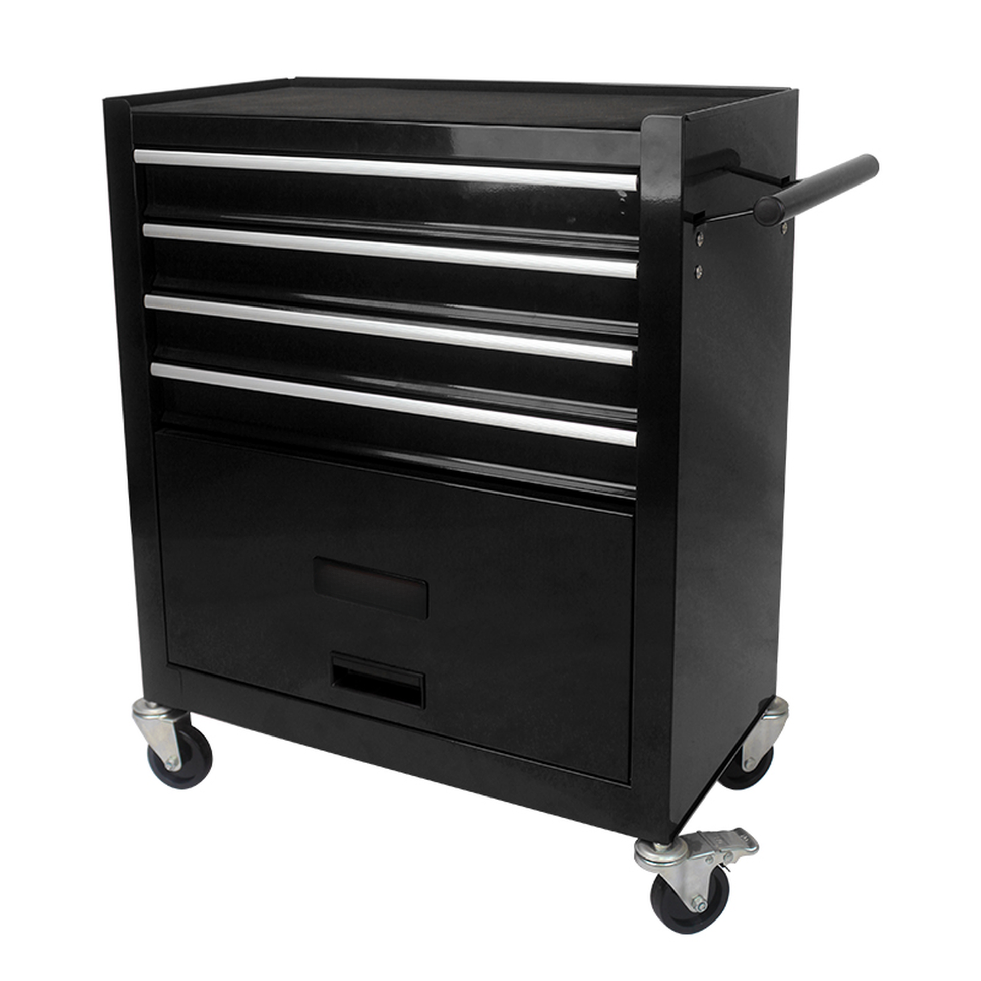 Black metal tool chest with four drawers and a handle on casters
