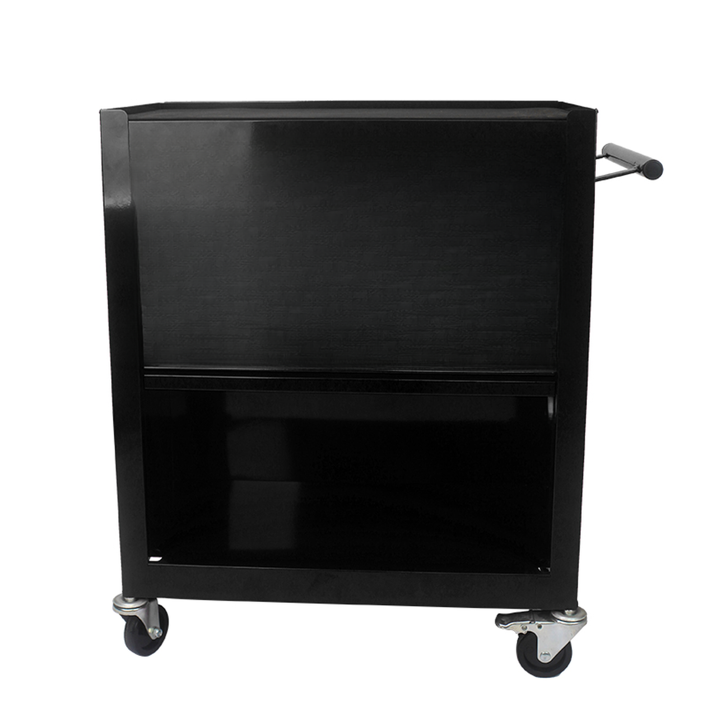 Black metal tool cart with a rolling shutter door and side handle on casters