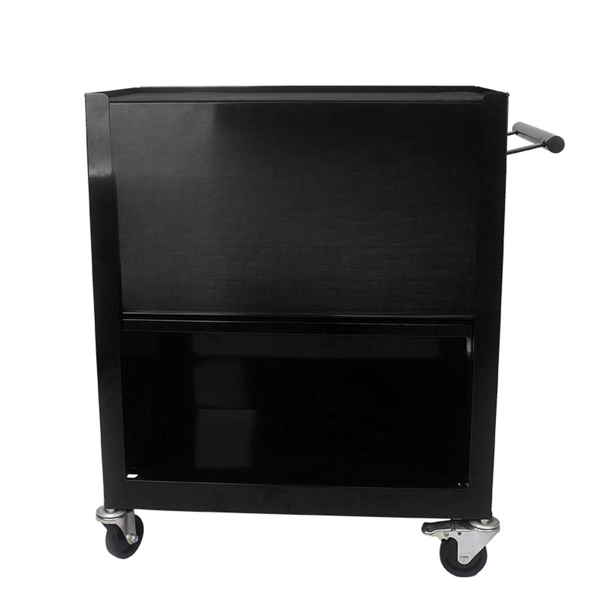 Black metal tool cart with a rolling shutter door and side handle on casters