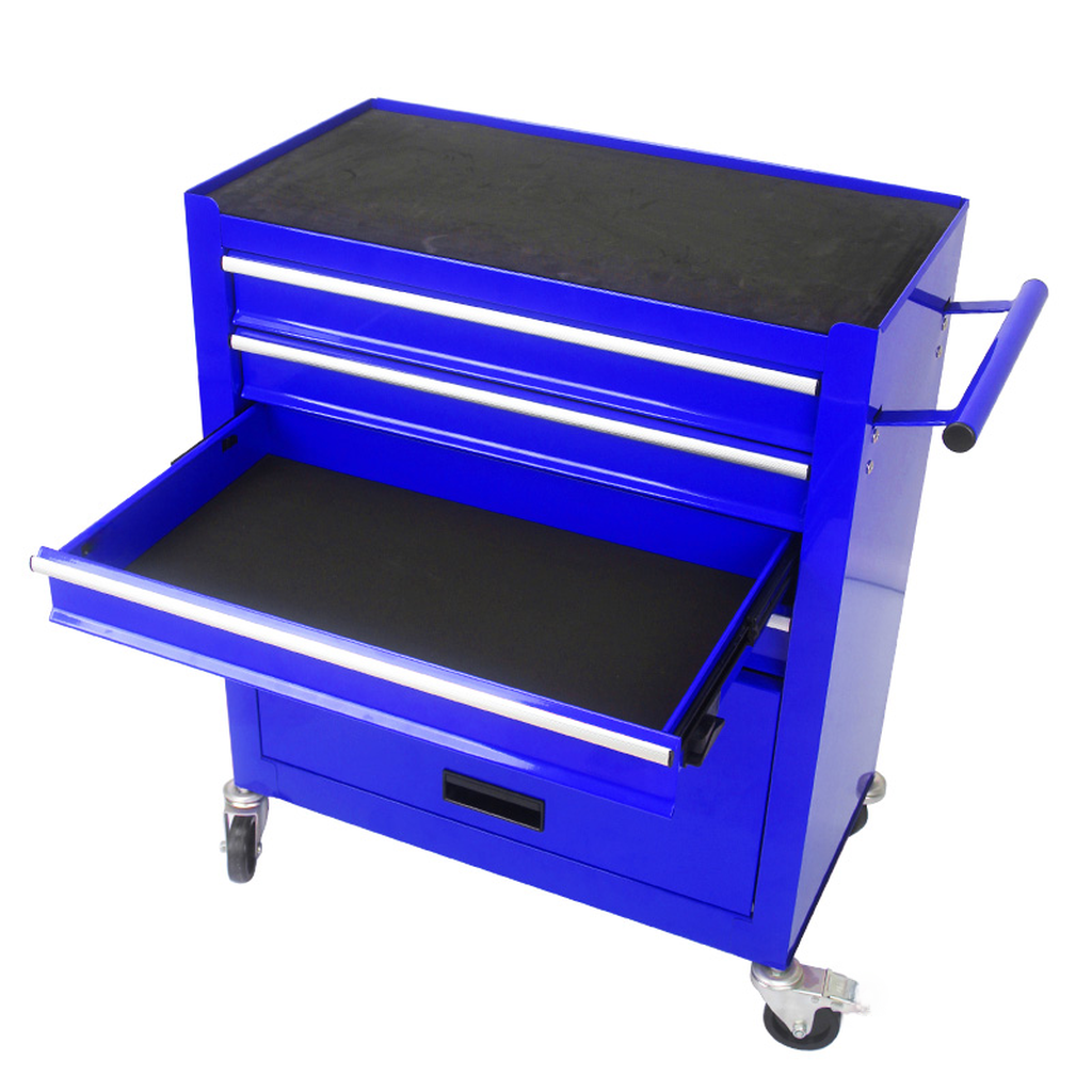 Bright blue rolling tool chest with black top and one extended drawer