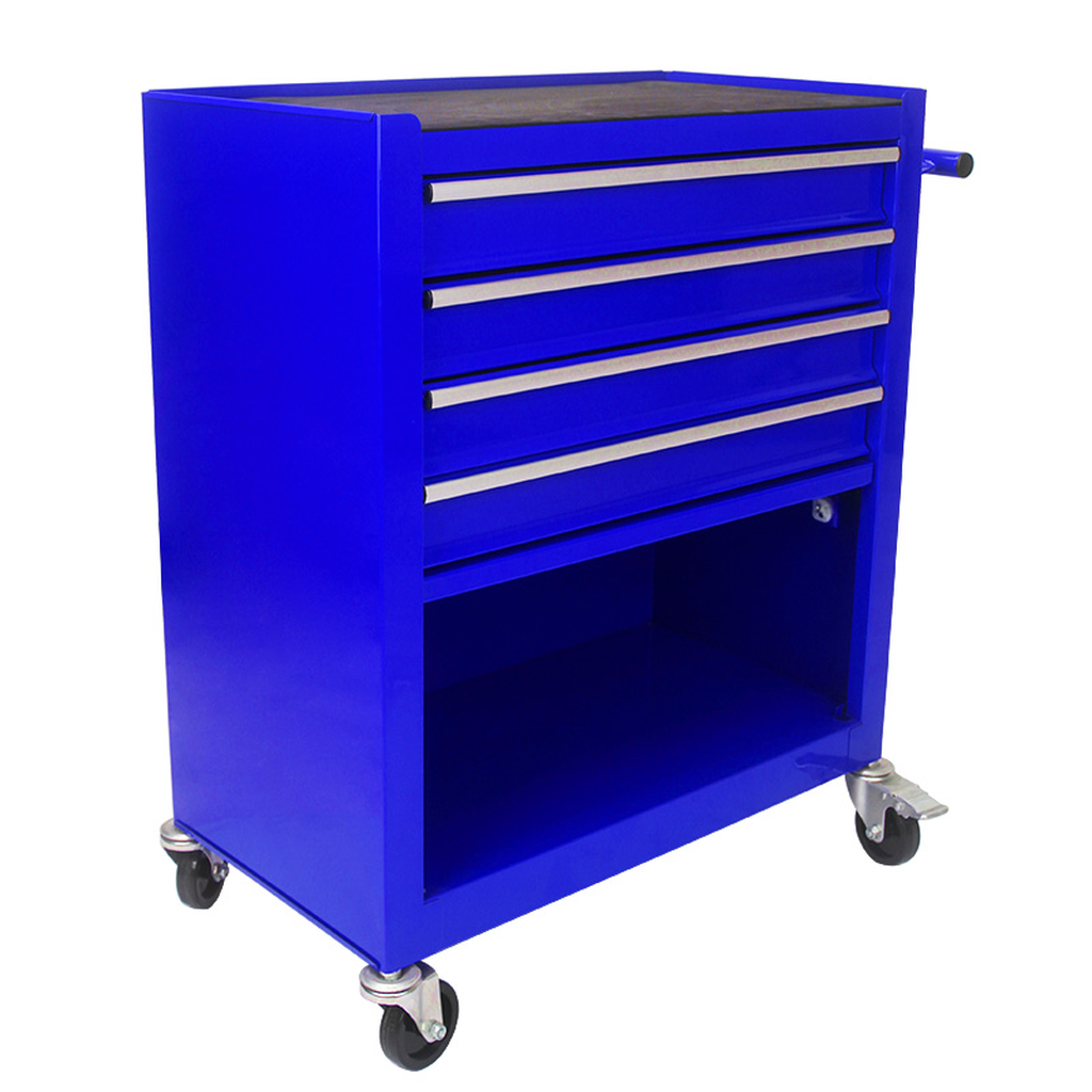 Blue rolling tool chest with four drawers and open shelf