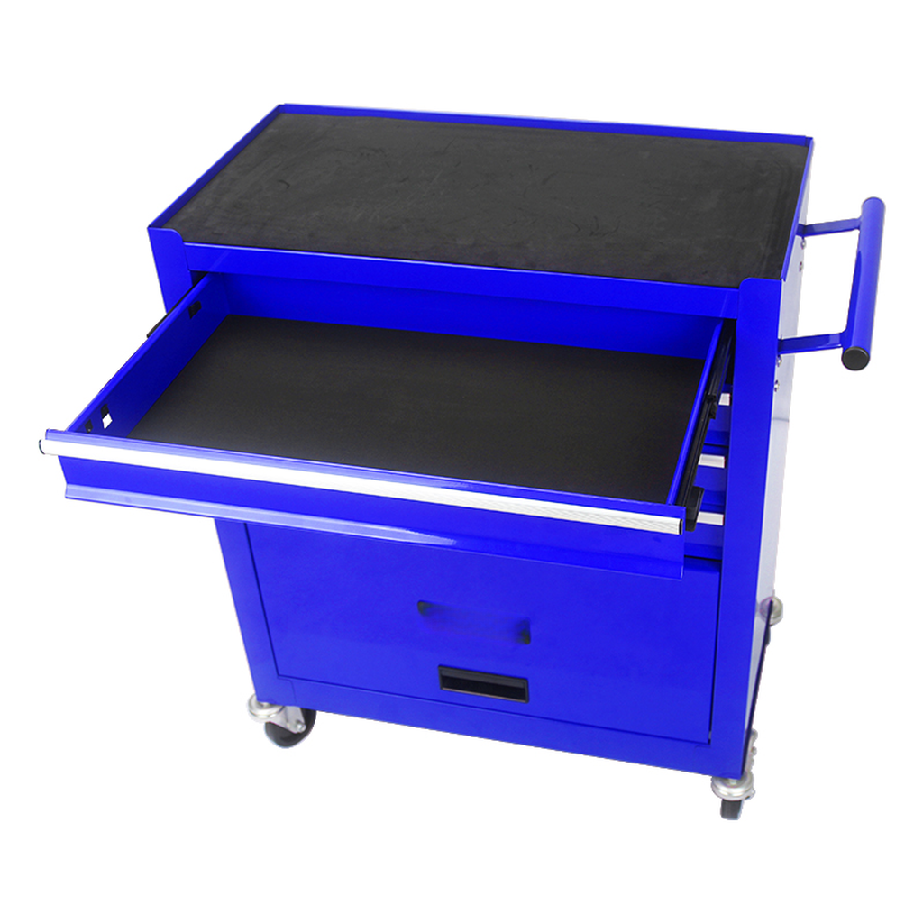 Blue rolling tool chest with one drawer open black matting