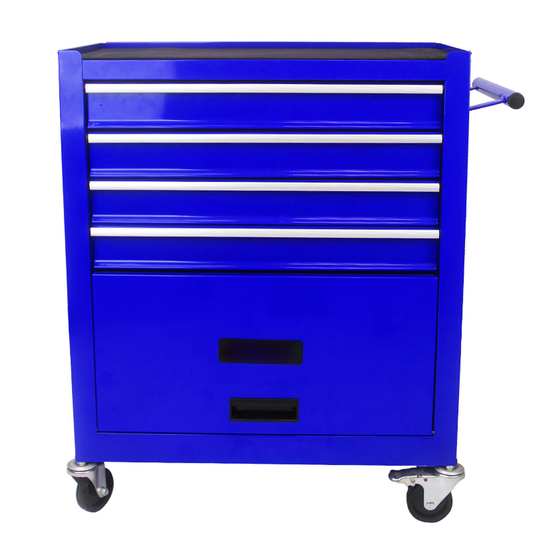 Vibrant blue rolling tool chest with  drawers and side handle for easy maneuverability