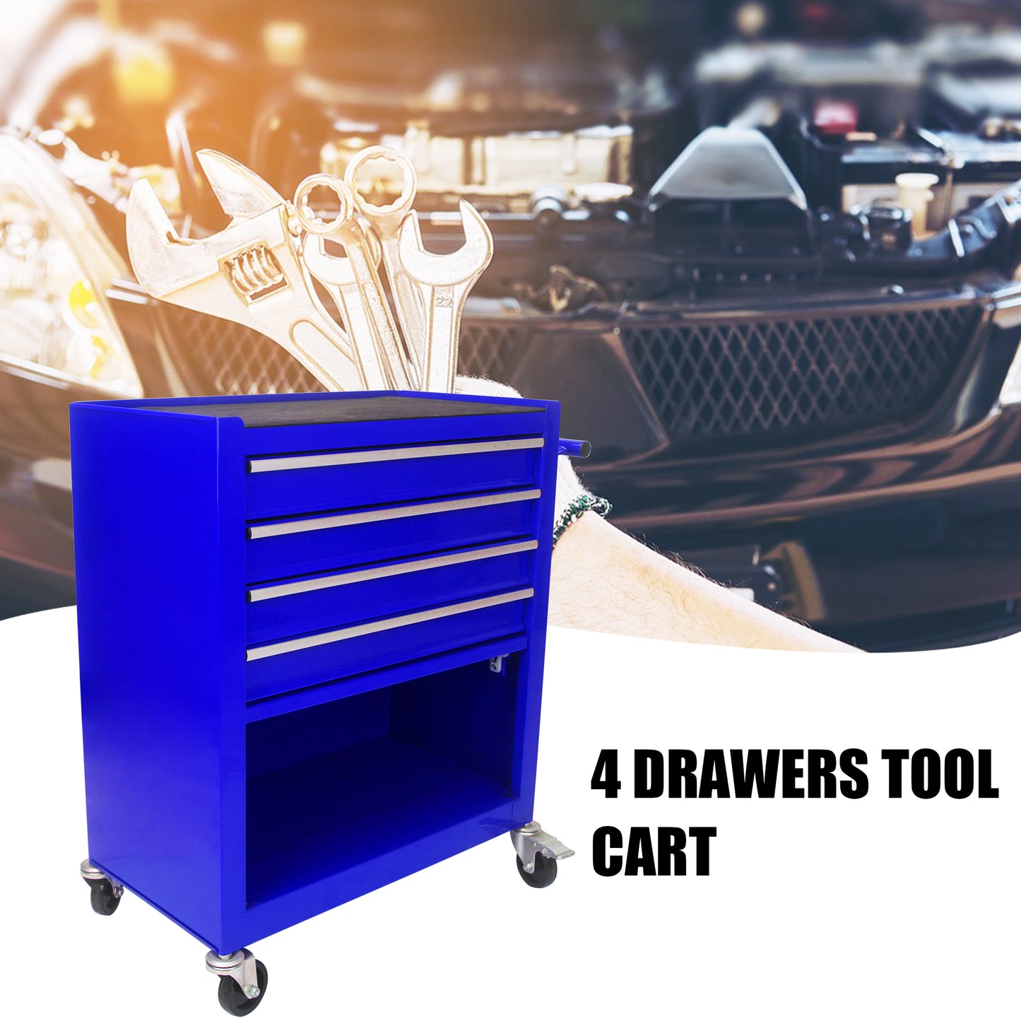 Bright blue drawer tool cart with casters and wrenches in background