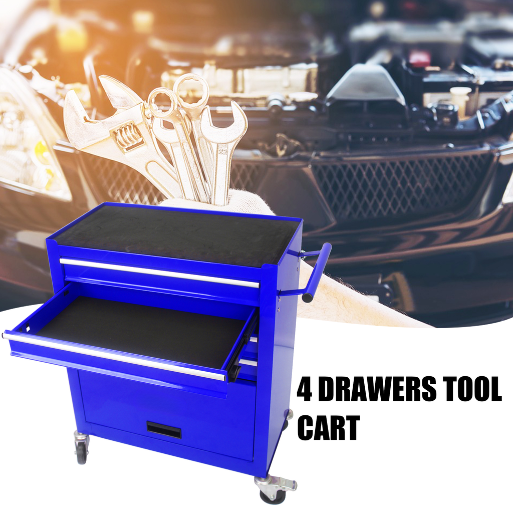 Bright blue  drawers tool cart with open drawer holding wrenches for automotive garage use